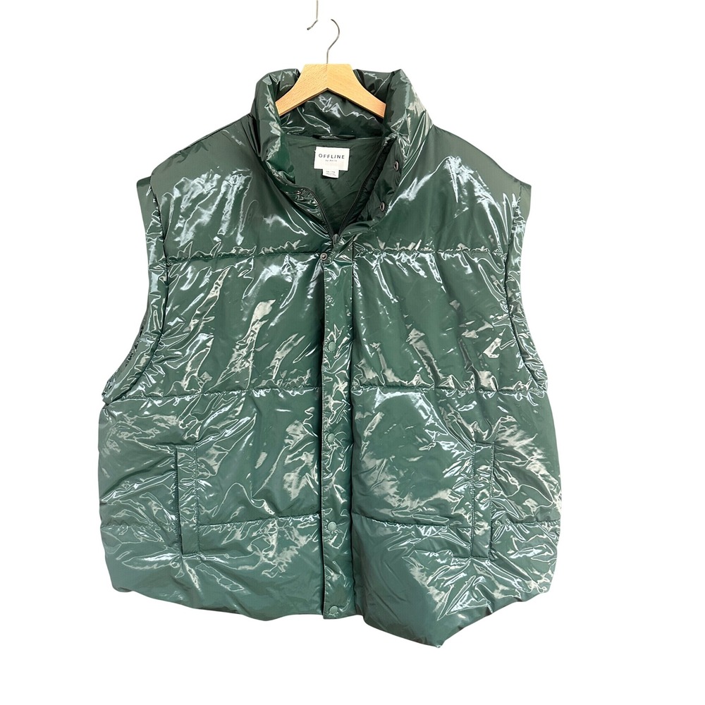 OFFLINE by Aerie Green Glossy Puffer Vest Shiny Quilted Sleeveless Womens XXL